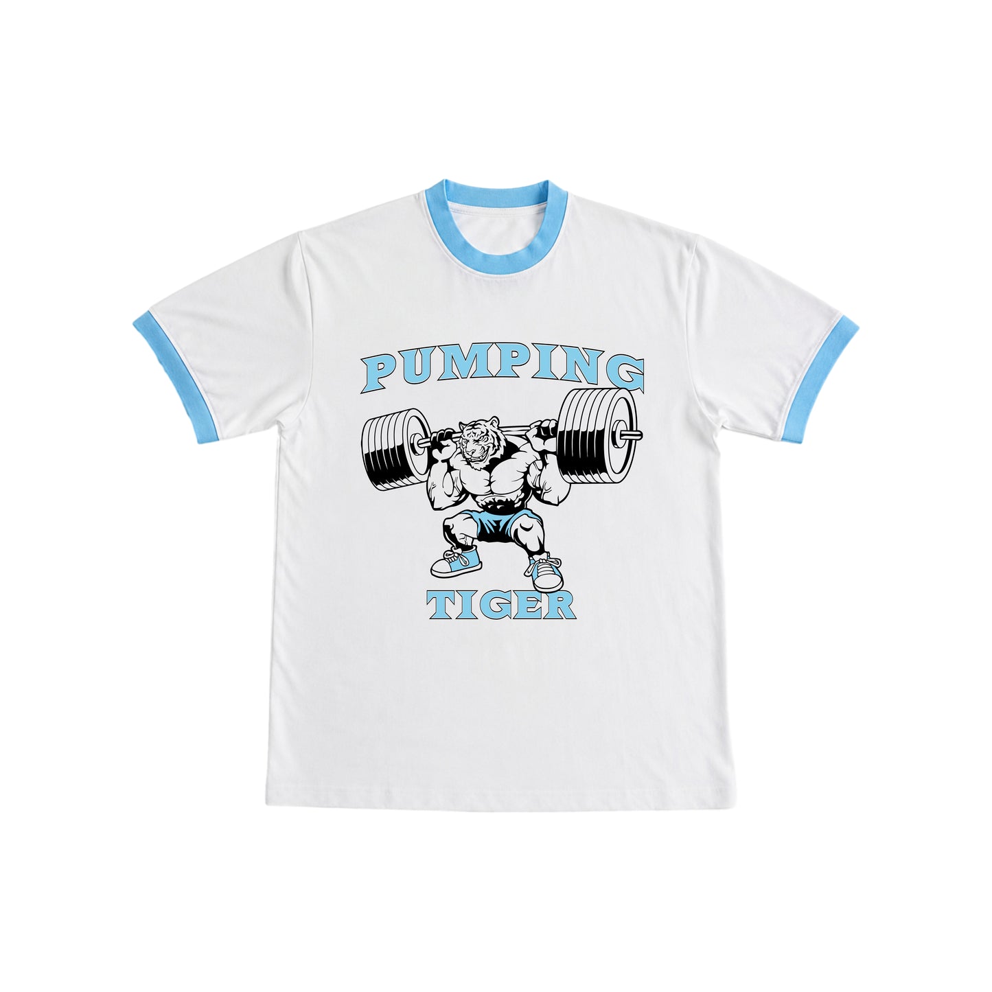 PUMPINGTIGER Ass To Grass Ringer T Shirt in White and Sky Blue with heavy squat graphic