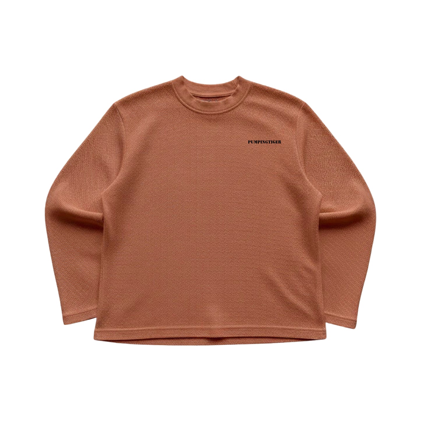 PUMPINGTIGER Brown Waffle Oversized Full Sleeve T Shirt for Men, 240 GSM 100% Cotton