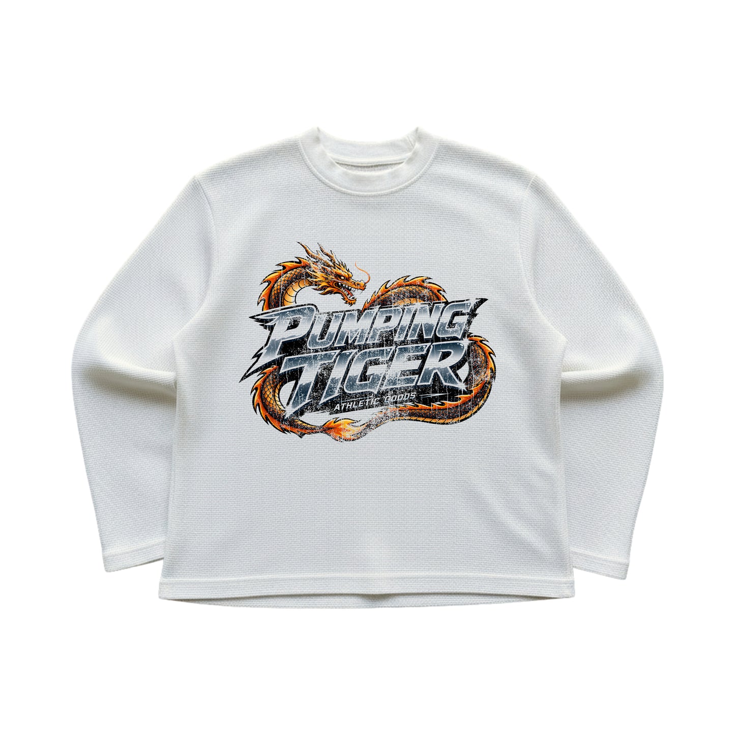 PUMPINGTIGER Dragon Graphic Waffle Oversized Full Sleeve T-Shirt for Men in White – 240 GSM Heavyweight 100% Cotton