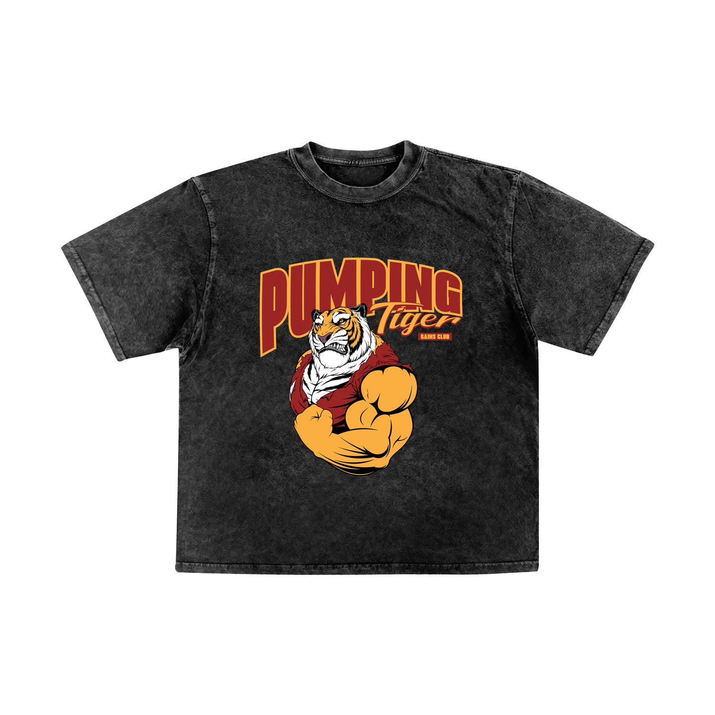PUMPINGTIGER Gains Club black acid wash oversized T-shirt made from 240 GSM French Terry cotton featuring a muscular tiger graphic on the front.
