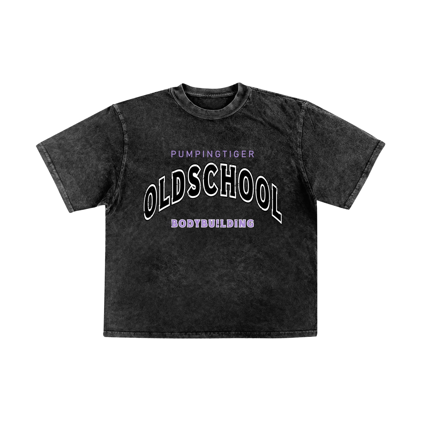 PUMPINGTIGER Oldschool Bodybuilding black acid wash oversized T-shirt made from 240 GSM French Terry cotton featuring a vintage collegiate graphic on the front.