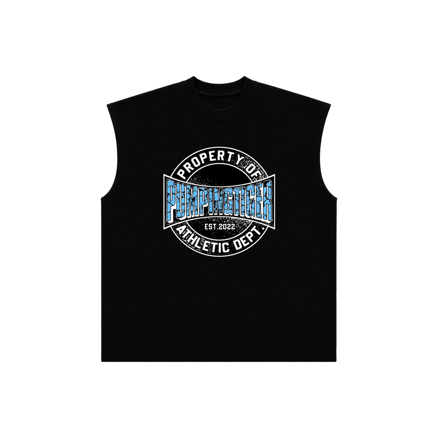PUMPINGTIGER Athletic Department Black Oversized Tank for men featuring a vintage varsity-inspired graphic on premium 240 GSM French Terry cotton with an oversized boxy fit.
