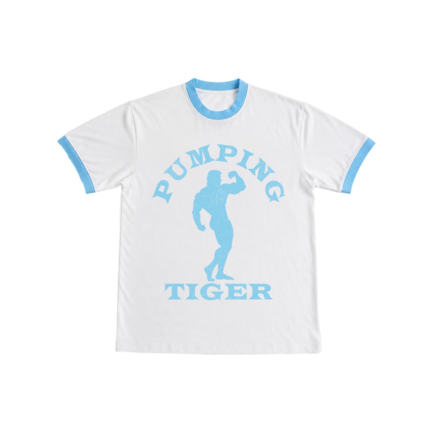 PUMPINGTIGER Classic Bodybuilding Ringer T-Shirt in White & Sky Blue featuring a vintage bodybuilding graphic, 220 GSM fabric, regular fit, and contrast ringer details.