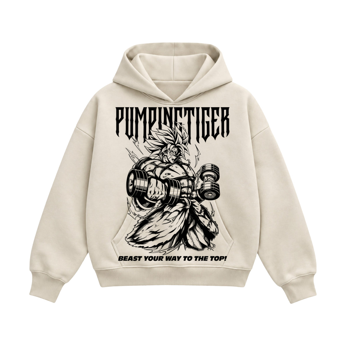 PUMPINGTIGER x Dragon Ball Z Broly cream boxy hoodie featuring a monochrome Broly bodybuilding graphic and Beast Your Way to the Top slogan