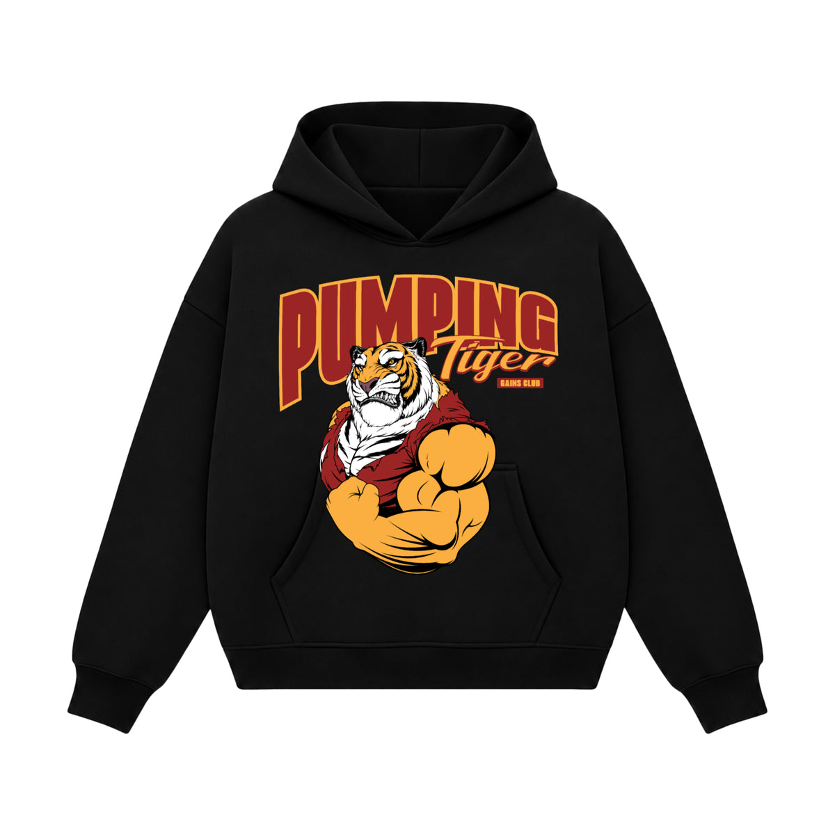 PUMPINGTIGER Gains Club black boxy hoodie featuring a muscular tiger graphic with red and golden-yellow typography on the front
