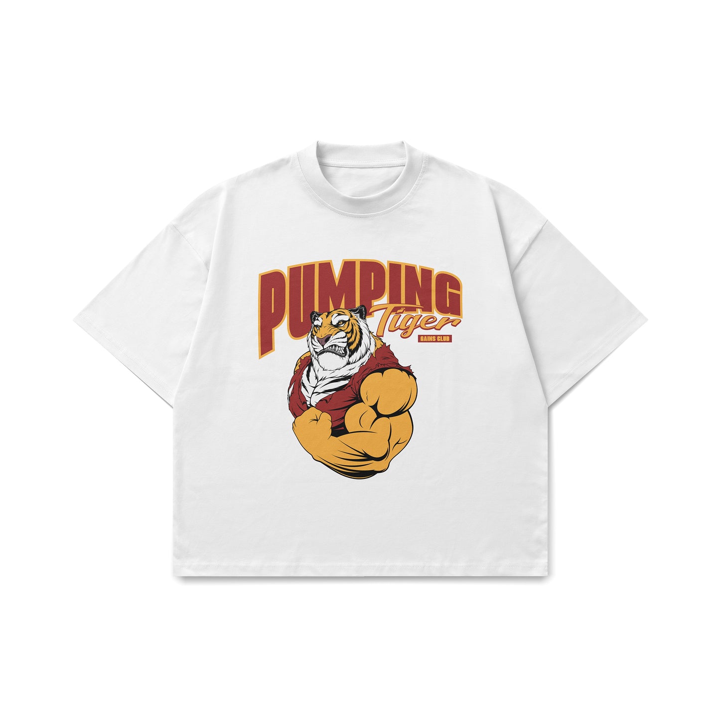 Pumpingtiger Gains Club White Oversized T-Shirt featuring a bold tiger graphic, made from premium 240 GSM French Terry cotton with an oversized fit.