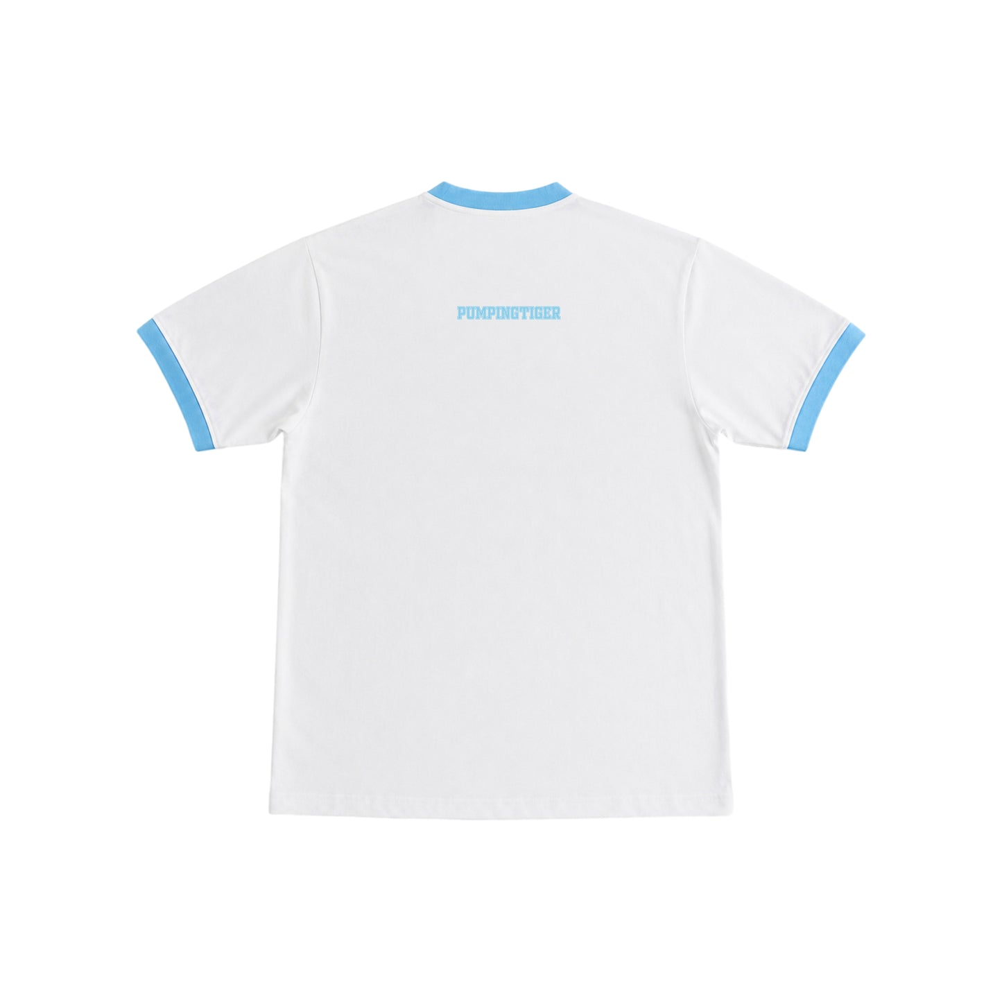 Back of the PUMPINGTIGER Iron Will Ringer T-Shirt in White & Sky Blue featuring PUMPINGTIGER upper back branding.