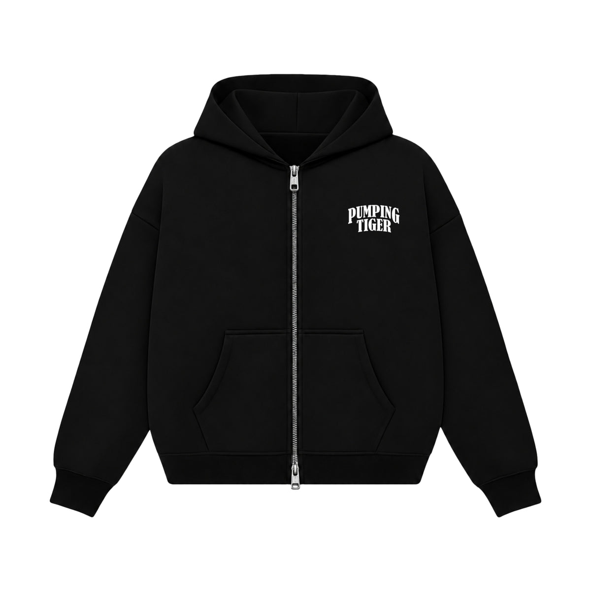 Pumped black boxy zipper hoodie in 360 GSM 100% cotton fleece with white PUMPING TIGER chest logo
