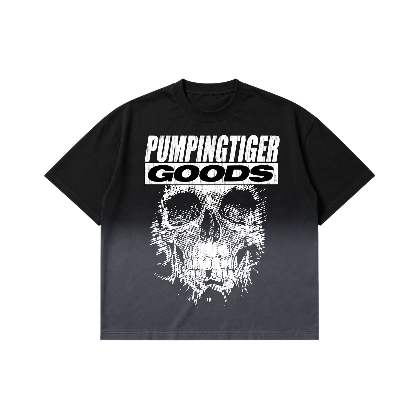 PUMPINGTIGER Skull Graphic Ombre Washed Boxy T-Shirt front view featuring a skull graphic on premium 240 GSM French Terry cotton with an ombre washed finish.