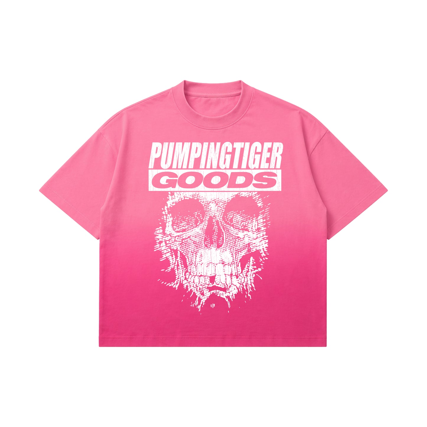 PUMPINGTIGER Skull Graphic Pink Sunfade Ombre Washed Boxy Fit T-Shirt front view featuring a distressed skull graphic on a pink sunfade ombre washed boxy fit t-shirt.
