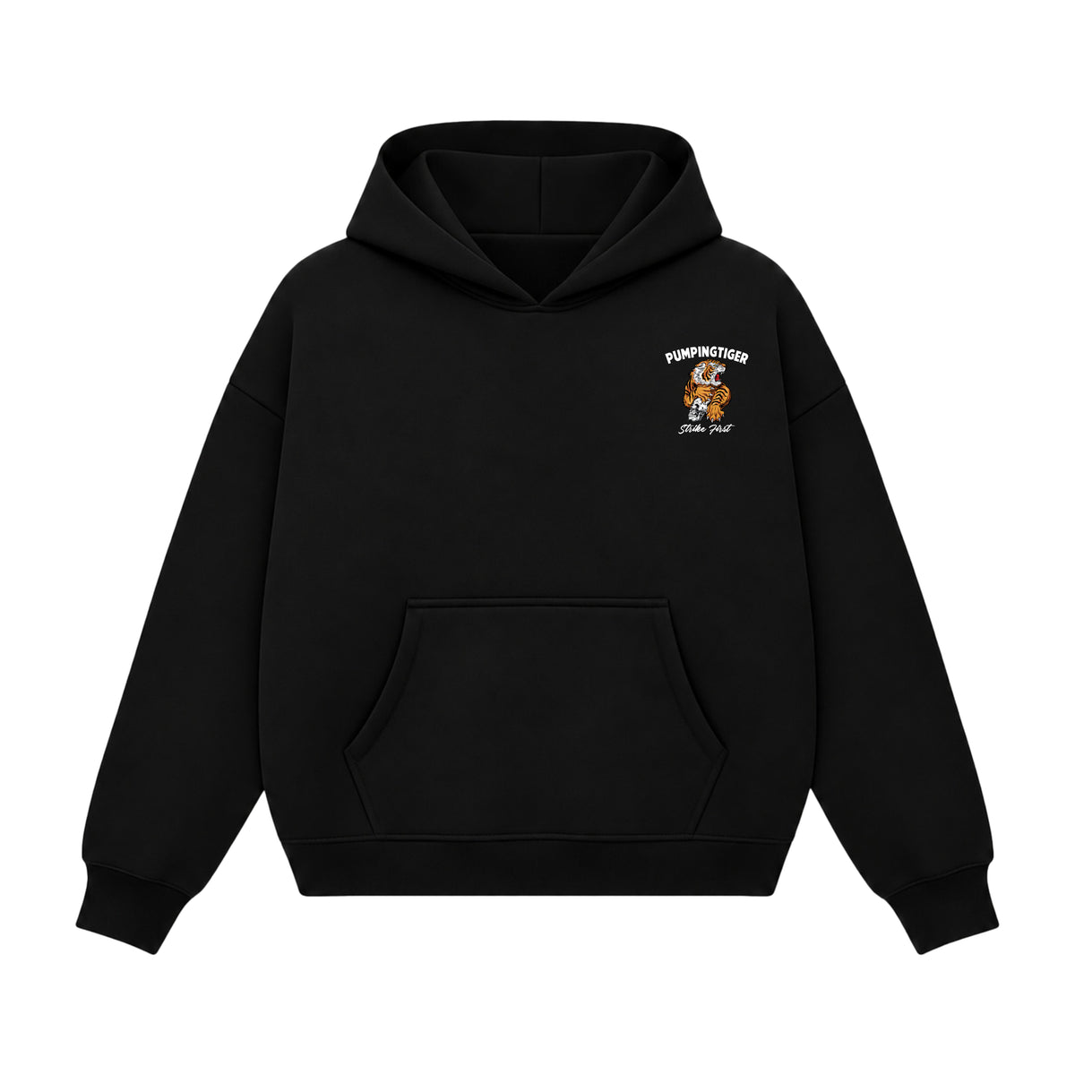 Strike First black boxy hoodie with tiger graphic and PUMPINGTIGER branding on the chest
