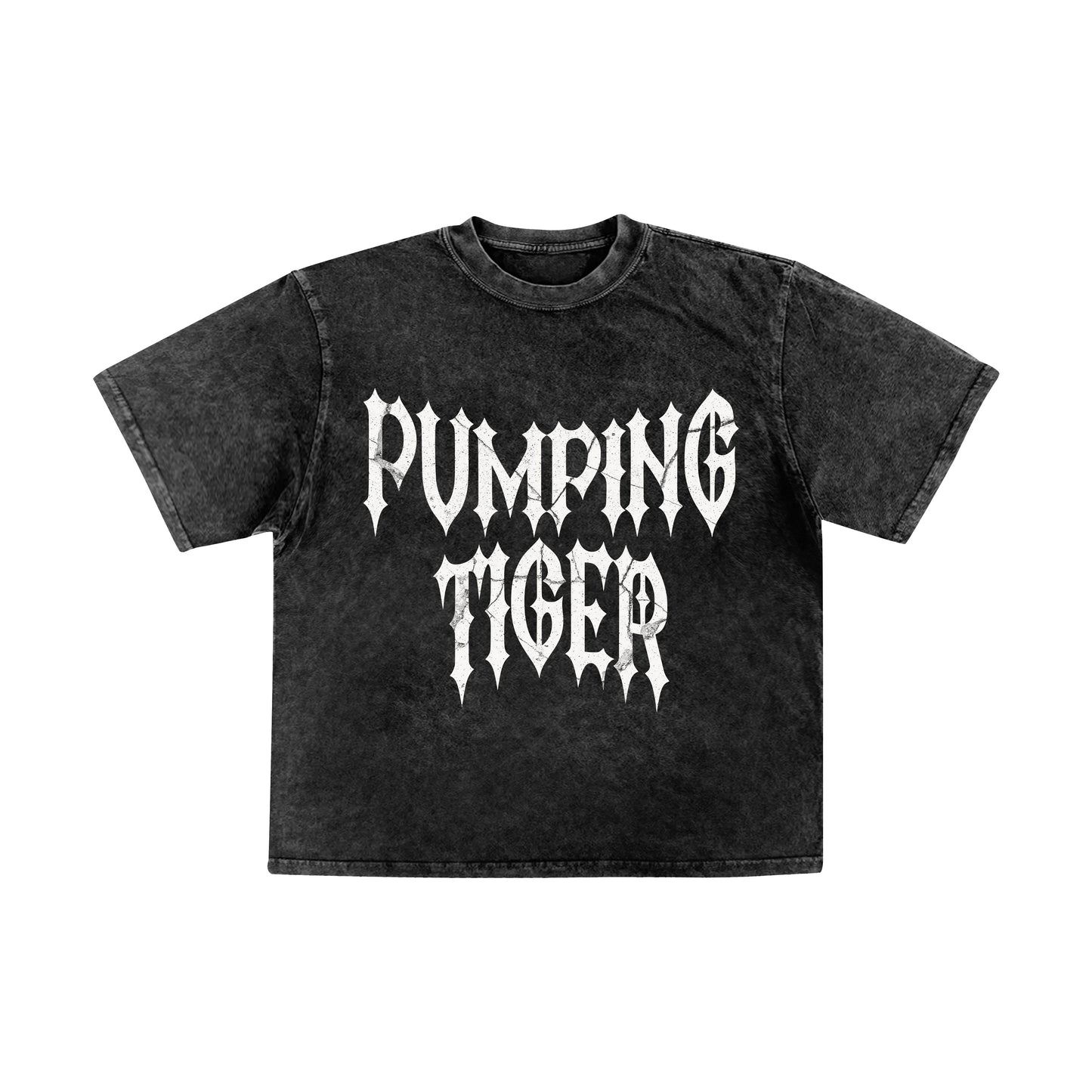 Black Thunder Inferno Acid Wash Oversized T-Shirt in 240 GSM French Terry Cotton featuring a bold white gothic PUMPING TIGER graphic.