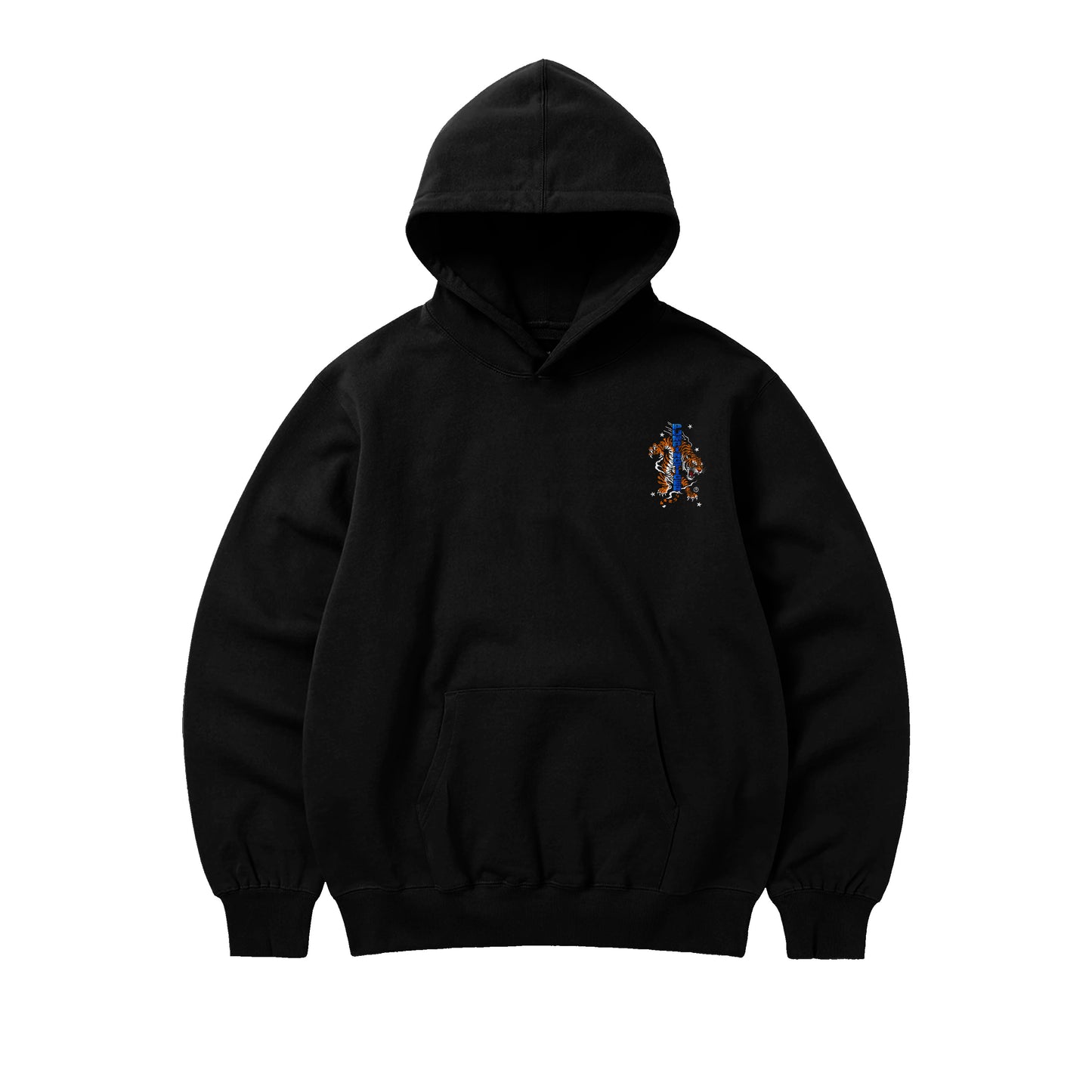 PUMPINGTIGER Untamed Black Oversized Hoodie featuring a distressed tiger chest graphic on premium 350 GSM heavyweight cotton.
