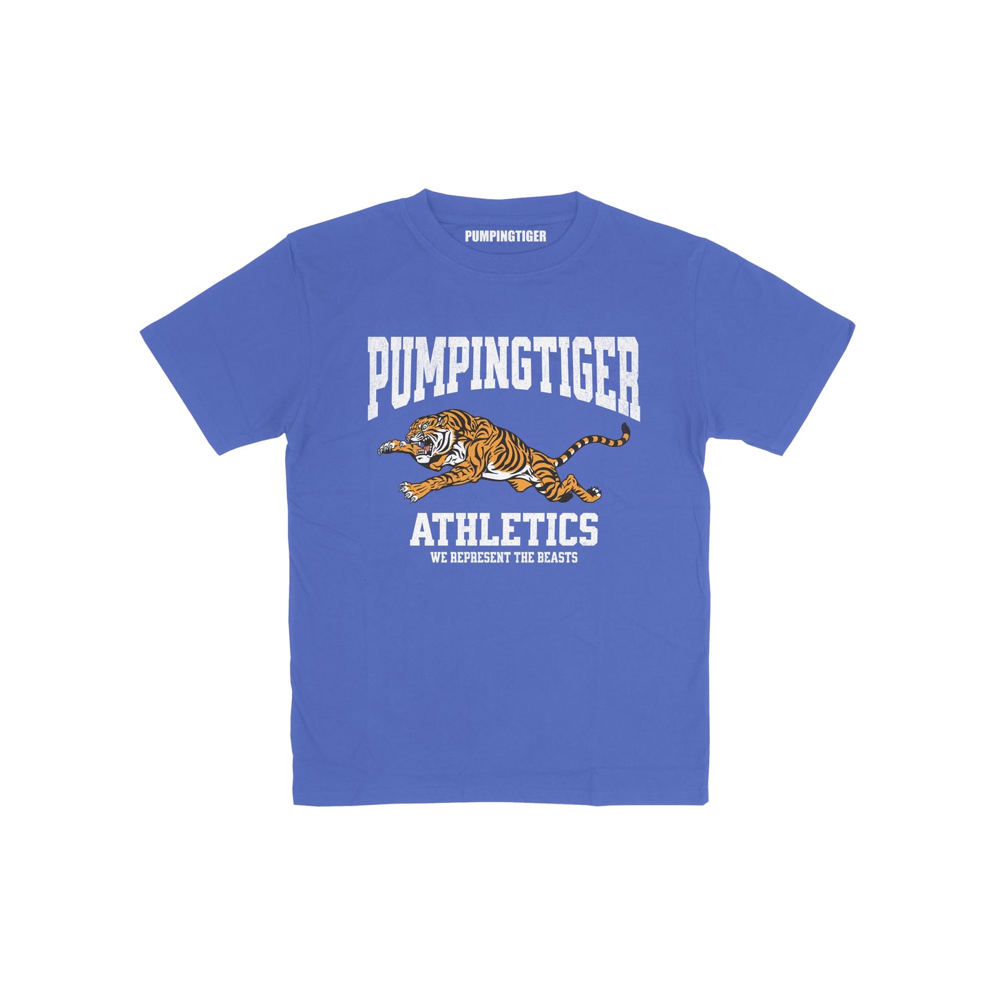PUMPINGTIGER We Represent The Beasts blue 180 GSM regular fit t-shirt with collegiate athletics tiger graphic.