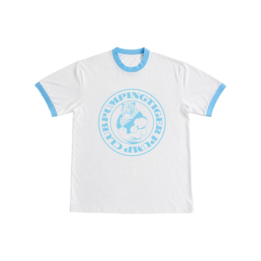 Tigers Pump Club Ringer T-Shirt - White & Sky Blue