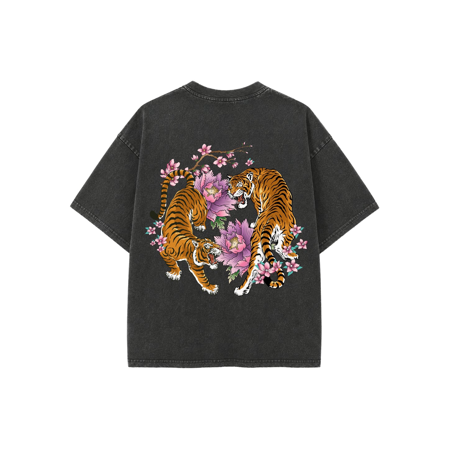 Back view of the PUMPINGTIGER You Vs You Vintage Fade Wash Oversized T-Shirt featuring two roaring tigers surrounded by pink floral artwork on a black vintage washed heavyweight oversized tee.