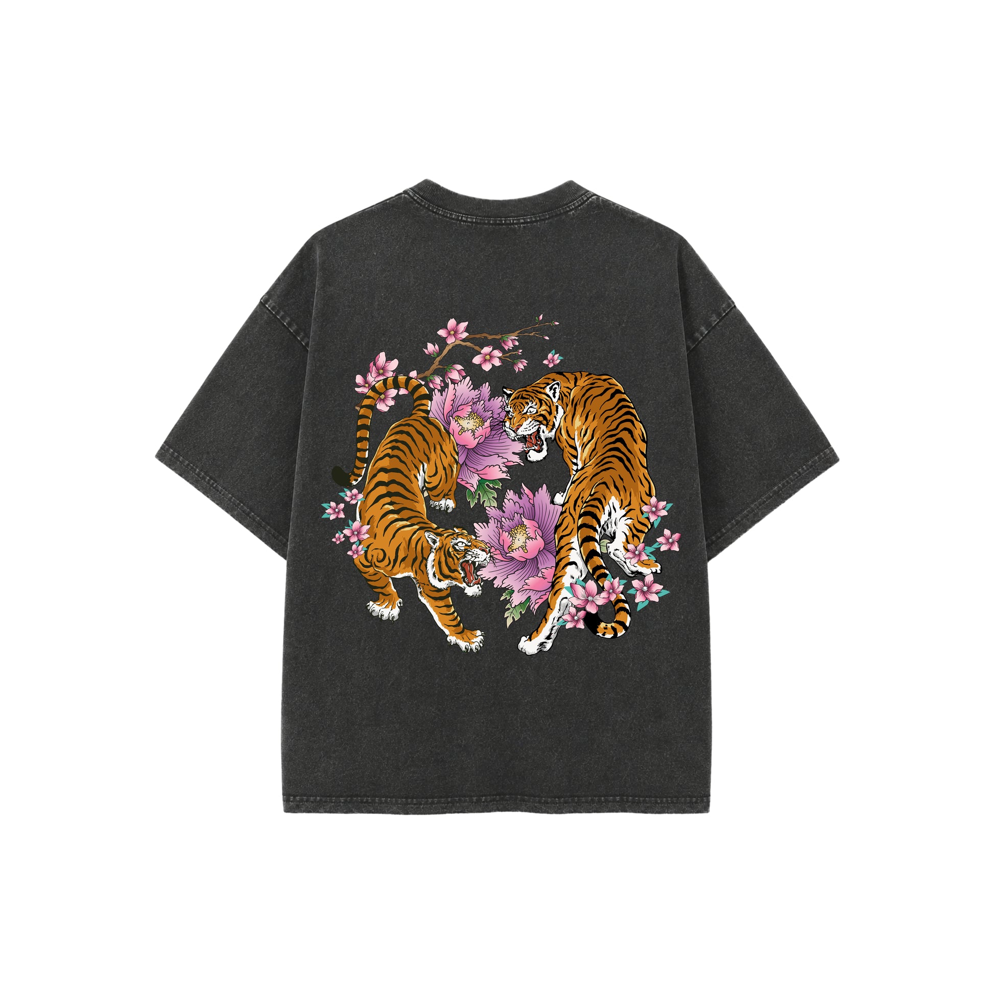 Back view of the PUMPINGTIGER You Vs You Vintage Fade Wash Oversized T-Shirt featuring two roaring tigers surrounded by pink floral artwork on a black vintage washed heavyweight oversized tee.