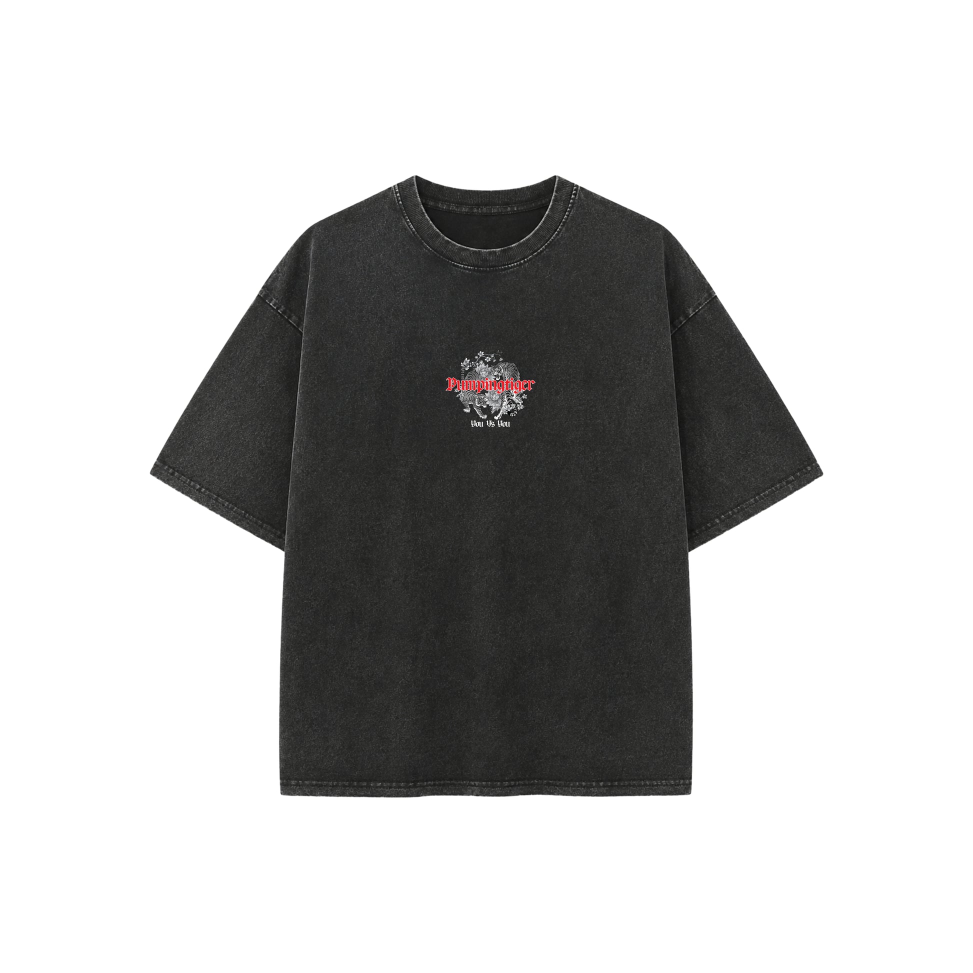 Front view of the PUMPINGTIGER You Vs You Vintage Fade Wash Oversized T-Shirt in black vintage fade wash featuring a small gothic logo, tiger graphic, and 'You Vs You' chest print on a heavyweight oversized fit.
