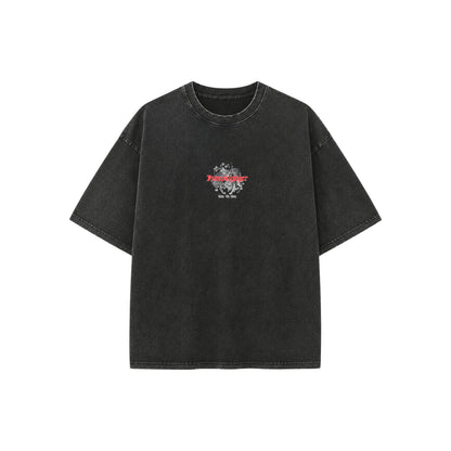 Front view of the PUMPINGTIGER You Vs You Vintage Fade Wash Oversized T-Shirt in black vintage fade wash featuring a small gothic logo, tiger graphic, and 'You Vs You' chest print on a heavyweight oversized fit.
