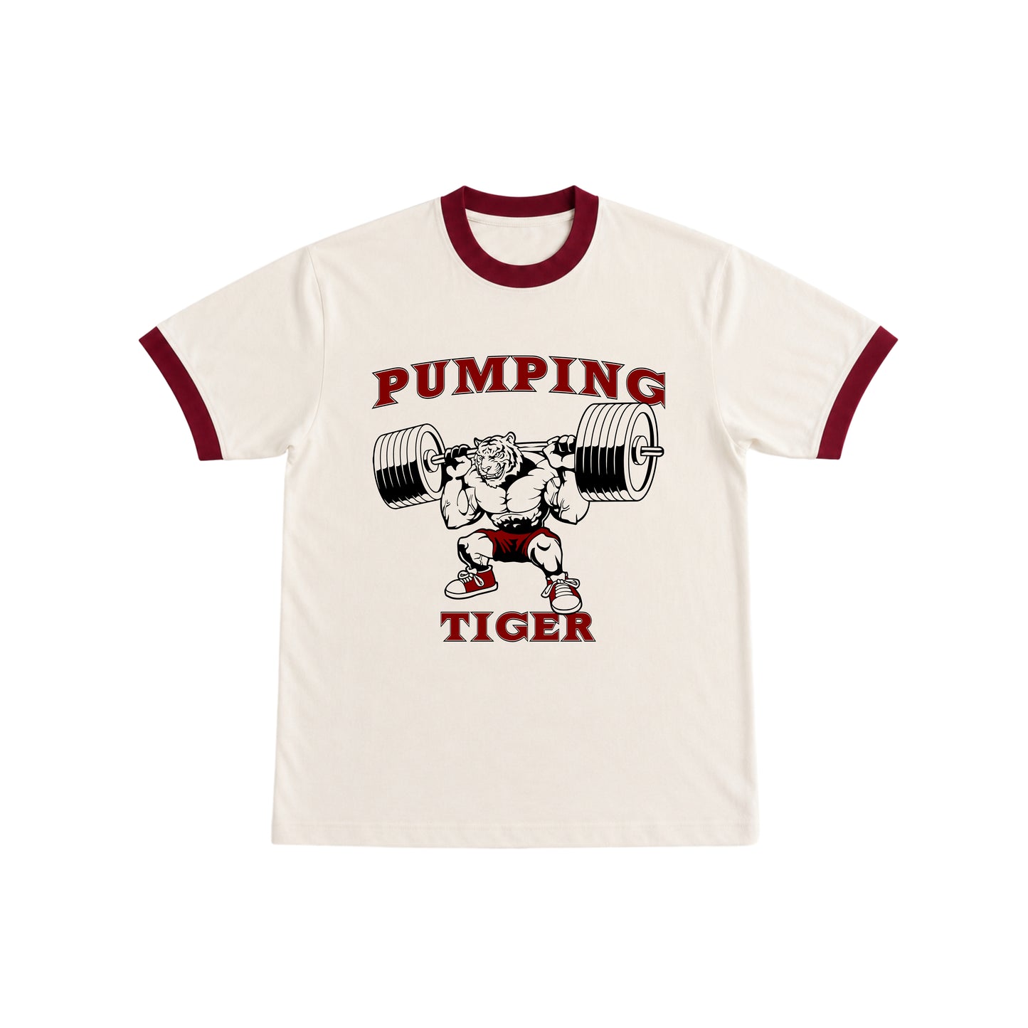 PUMPINGTIGER Ass To Grass Ringer T Shirt in Off White and Maroon with squat graphic