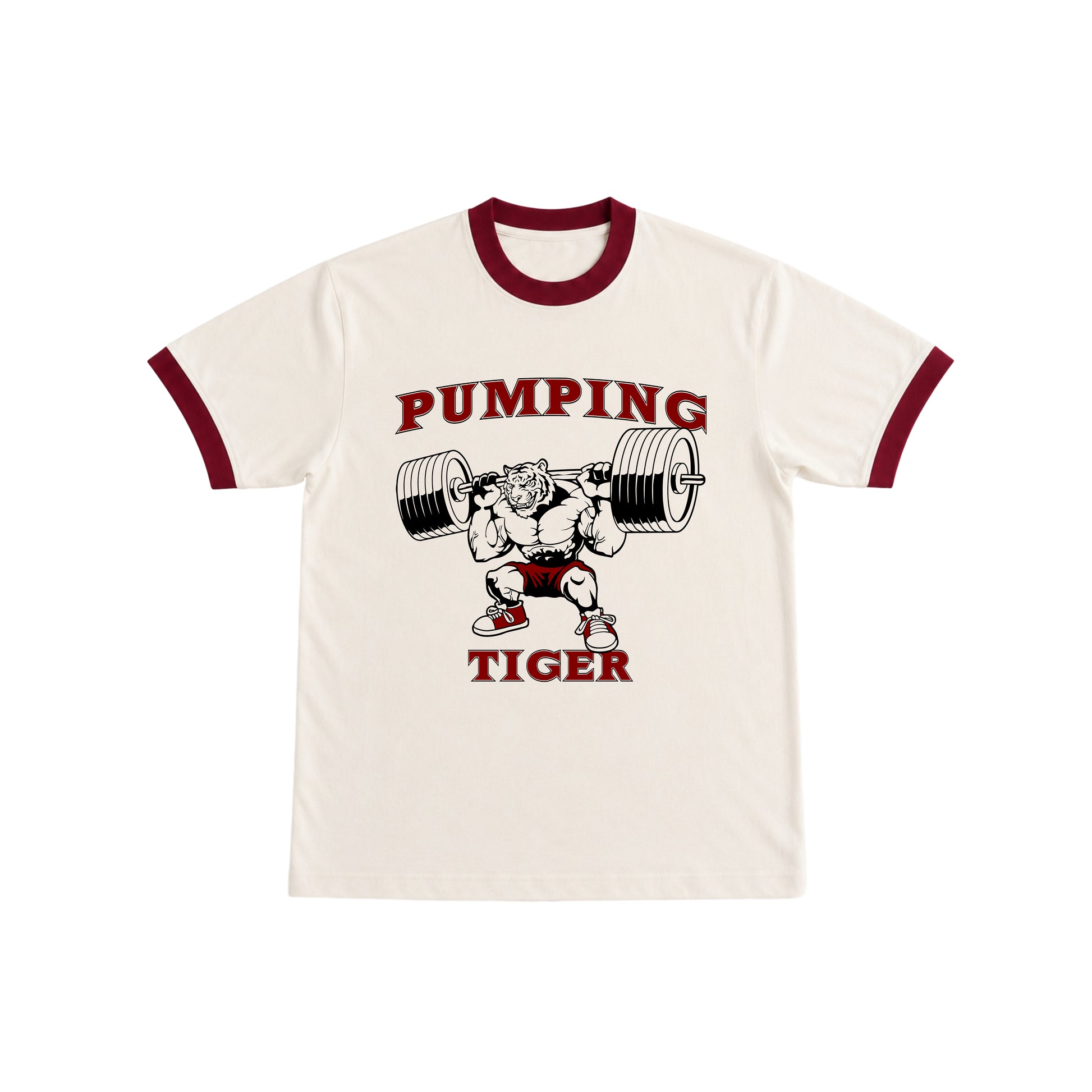 PUMPINGTIGER Ass To Grass Ringer T Shirt in Off White and Maroon with squat graphic