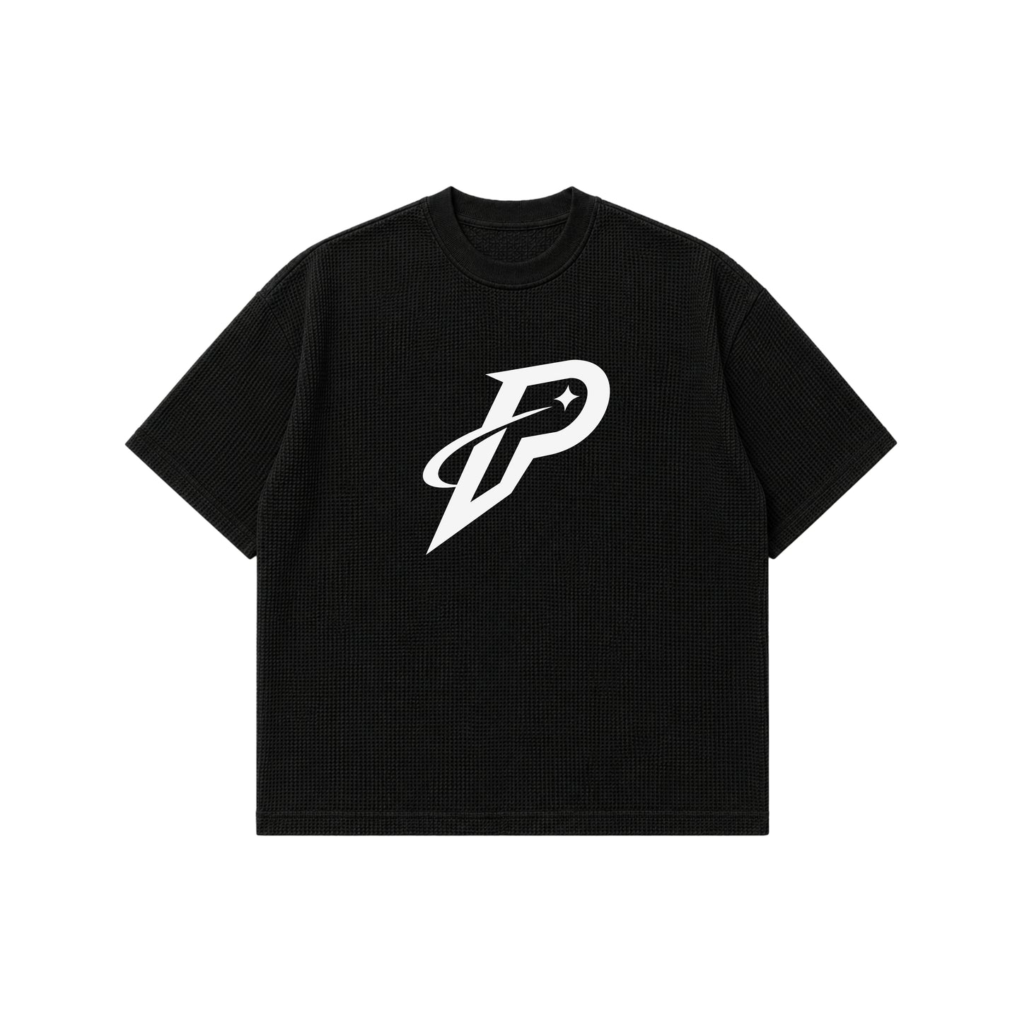 Black Boxy Fit Waffle T-Shirt – Rise by PUMPINGTIGER featuring the signature Rise logo on premium 240 GSM cotton waffle fabric.