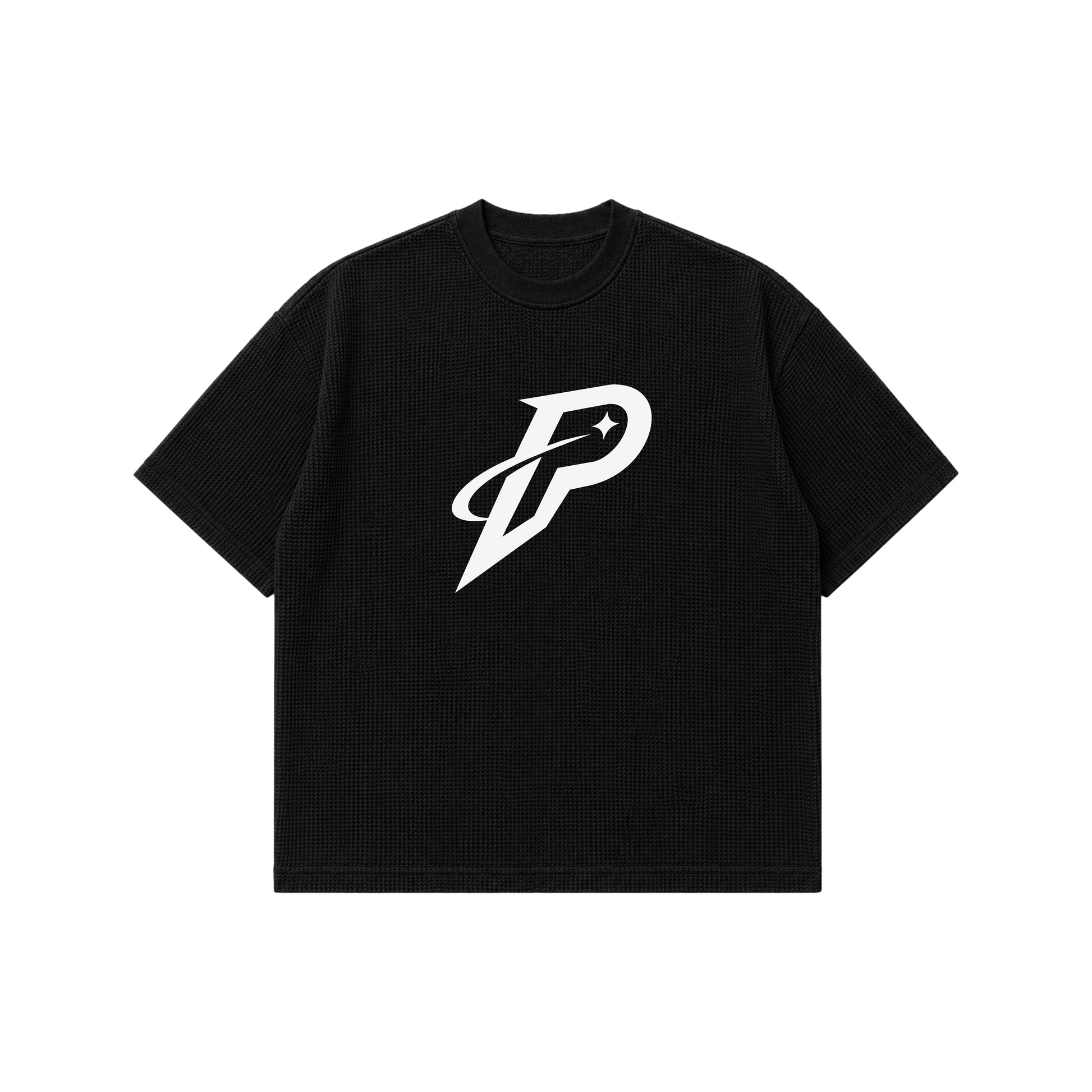 Black Boxy Fit Waffle T-Shirt – Rise by PUMPINGTIGER featuring the signature Rise logo on premium 240 GSM cotton waffle fabric.