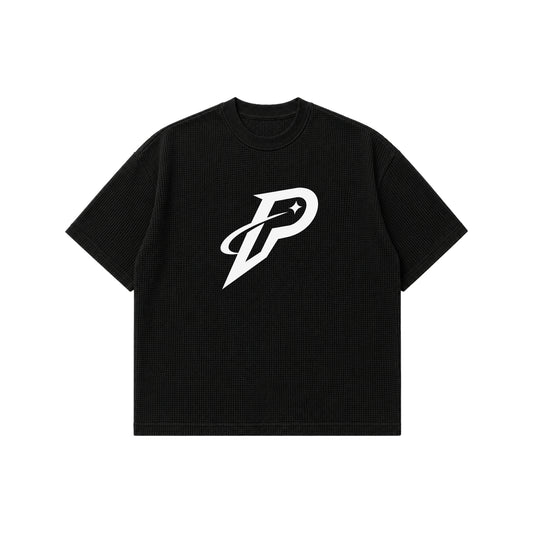 Black Boxy Fit Waffle T-Shirt – Rise by PUMPINGTIGER featuring the signature Rise logo on premium 240 GSM cotton waffle fabric.