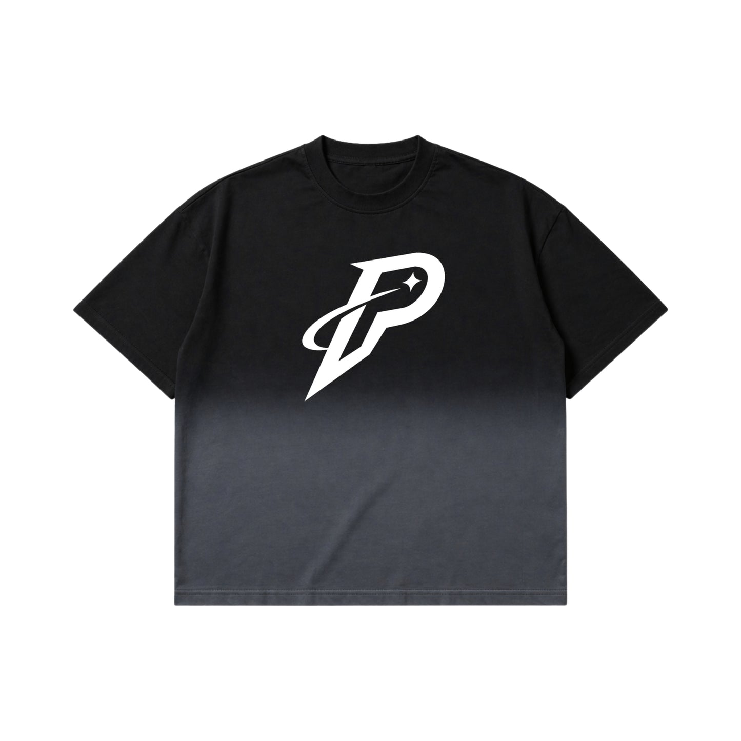 Black Ombre Washed Boxy Fit T-Shirt with White PUMPINGTIGER Rise Logo | Oversized Streetwear Tee