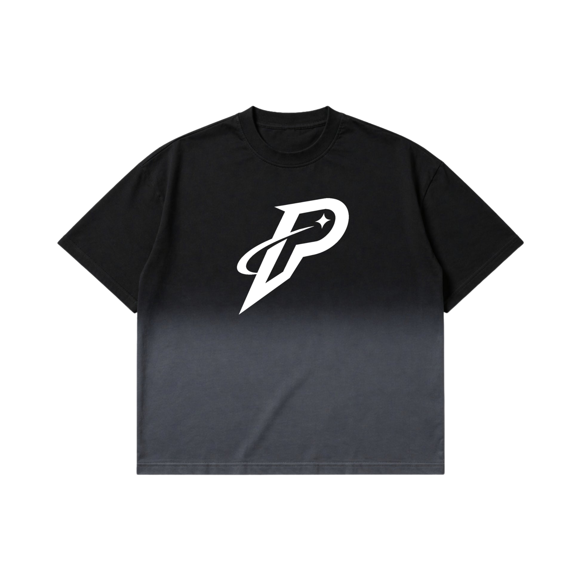 Black Ombre Washed Boxy Fit T-Shirt with White PUMPINGTIGER Rise Logo | Oversized Streetwear Tee