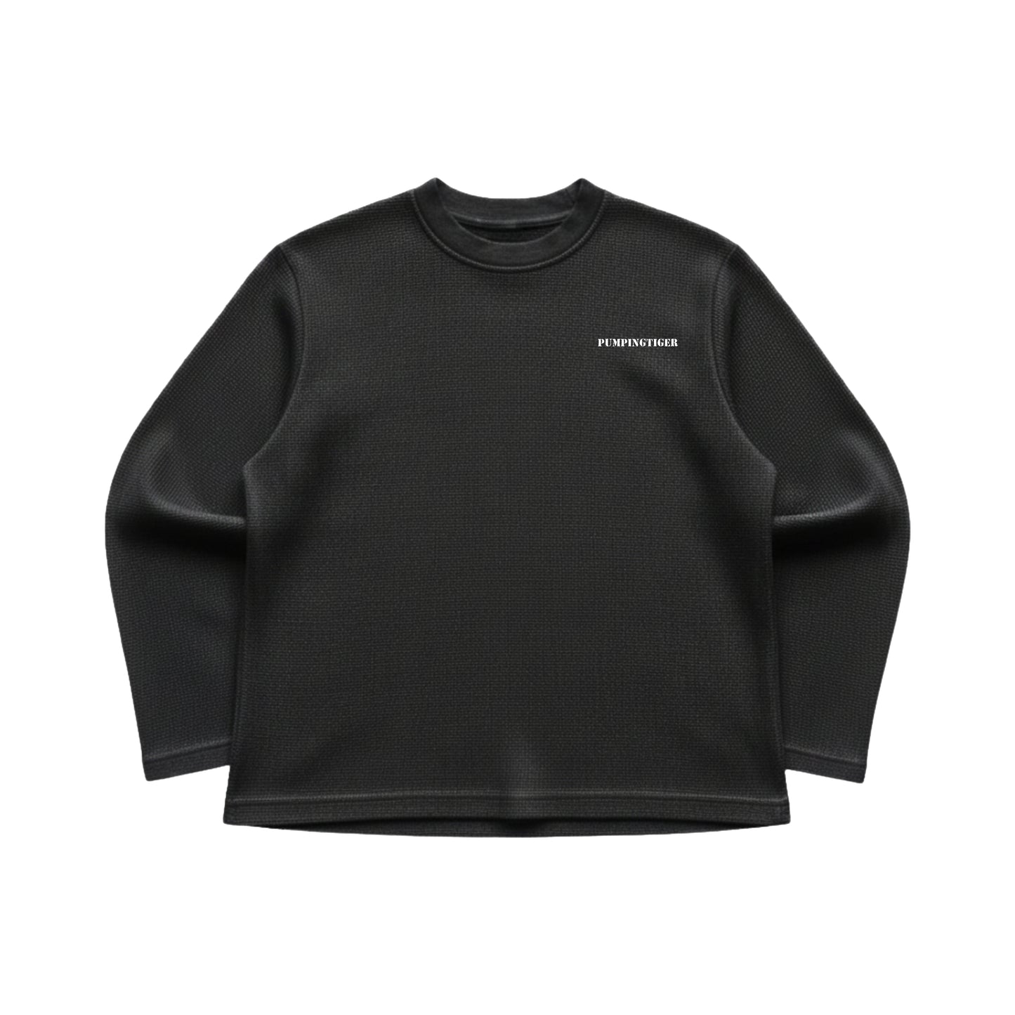 PUMPINGTIGER Black Waffle Oversized Full Sleeve T Shirt for Men, 240 GSM 100% Cotton