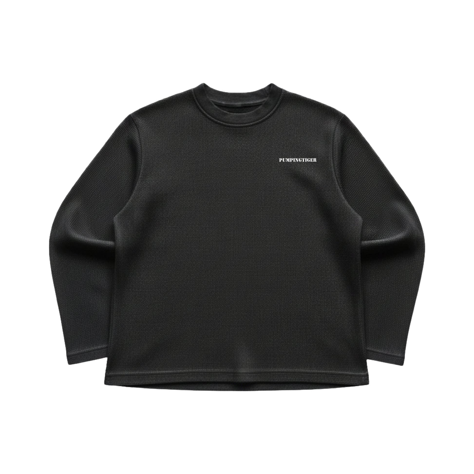 PUMPINGTIGER Black Waffle Oversized Full Sleeve T Shirt for Men, 240 GSM 100% Cotton