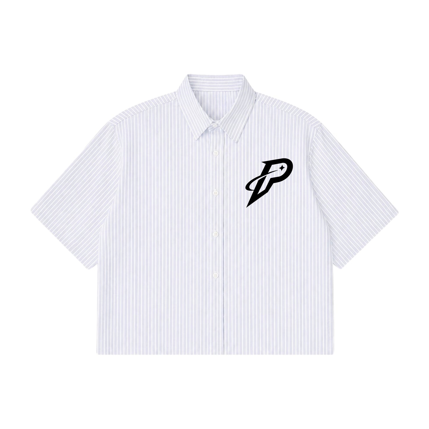 Pumping Tiger Blue Striped Oxford Boxy Shirt in 160 GSM 100% cotton Oxford fabric with black Rise logo, oversized boxy fit, front view.