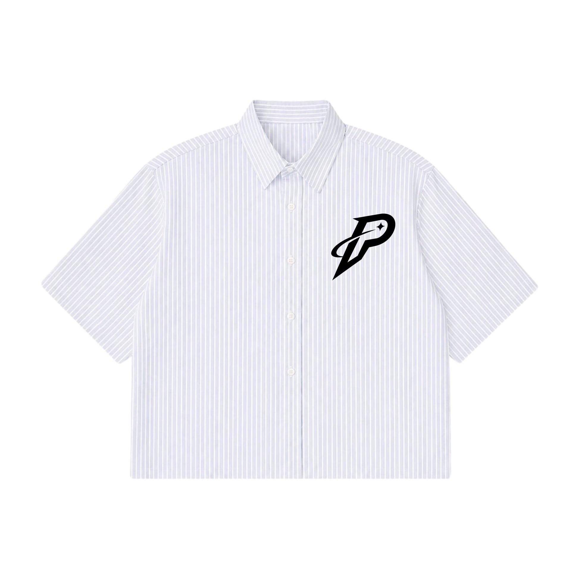 Pumping Tiger Blue Striped Oxford Boxy Shirt in 160 GSM 100% cotton Oxford fabric with black Rise logo, oversized boxy fit, front view.