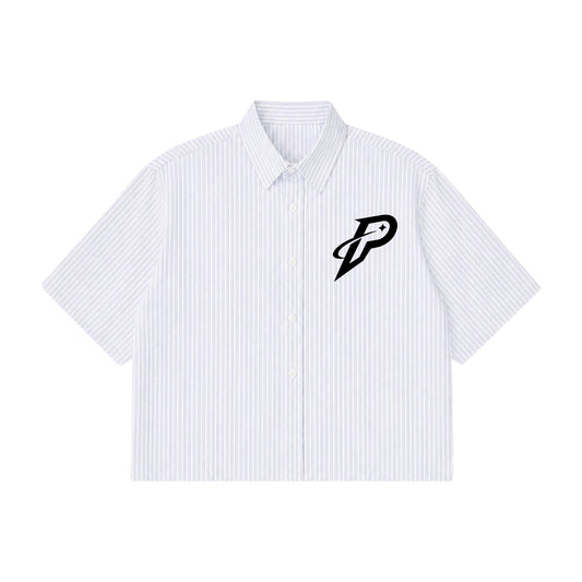 Pumping Tiger Blue Striped Oxford Boxy Shirt in 160 GSM 100% cotton Oxford fabric with black Rise logo, oversized boxy fit, front view.