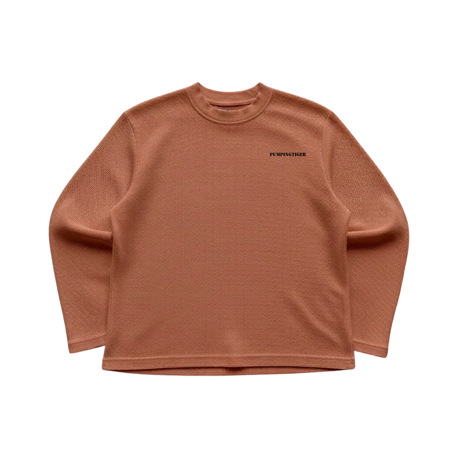 PUMPINGTIGER Brown Waffle Oversized Full Sleeve T Shirt for Men, 240 GSM 100% Cotton