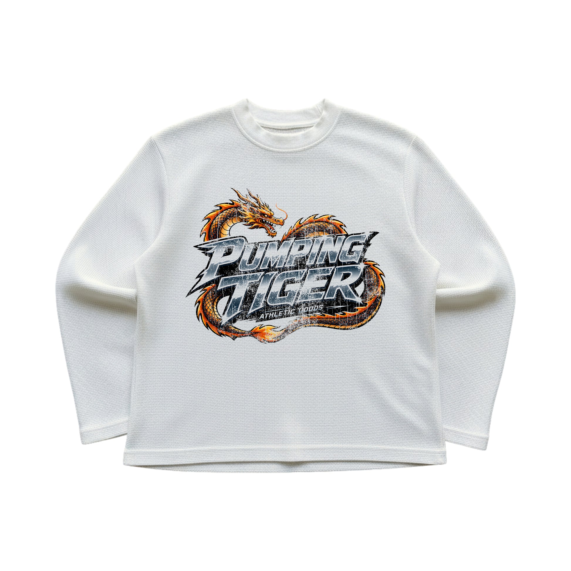 PUMPINGTIGER Dragon Graphic Waffle Oversized Full Sleeve T-Shirt for Men in White – 240 GSM Heavyweight 100% Cotton