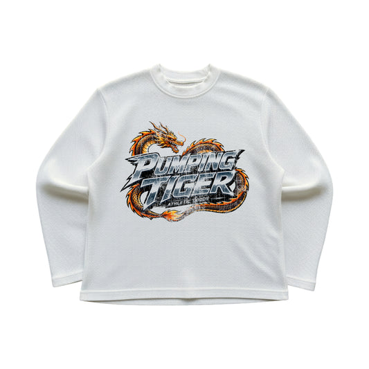 PUMPINGTIGER Dragon Graphic Waffle Oversized Full Sleeve T-Shirt for Men in White – 240 GSM Heavyweight 100% Cotton