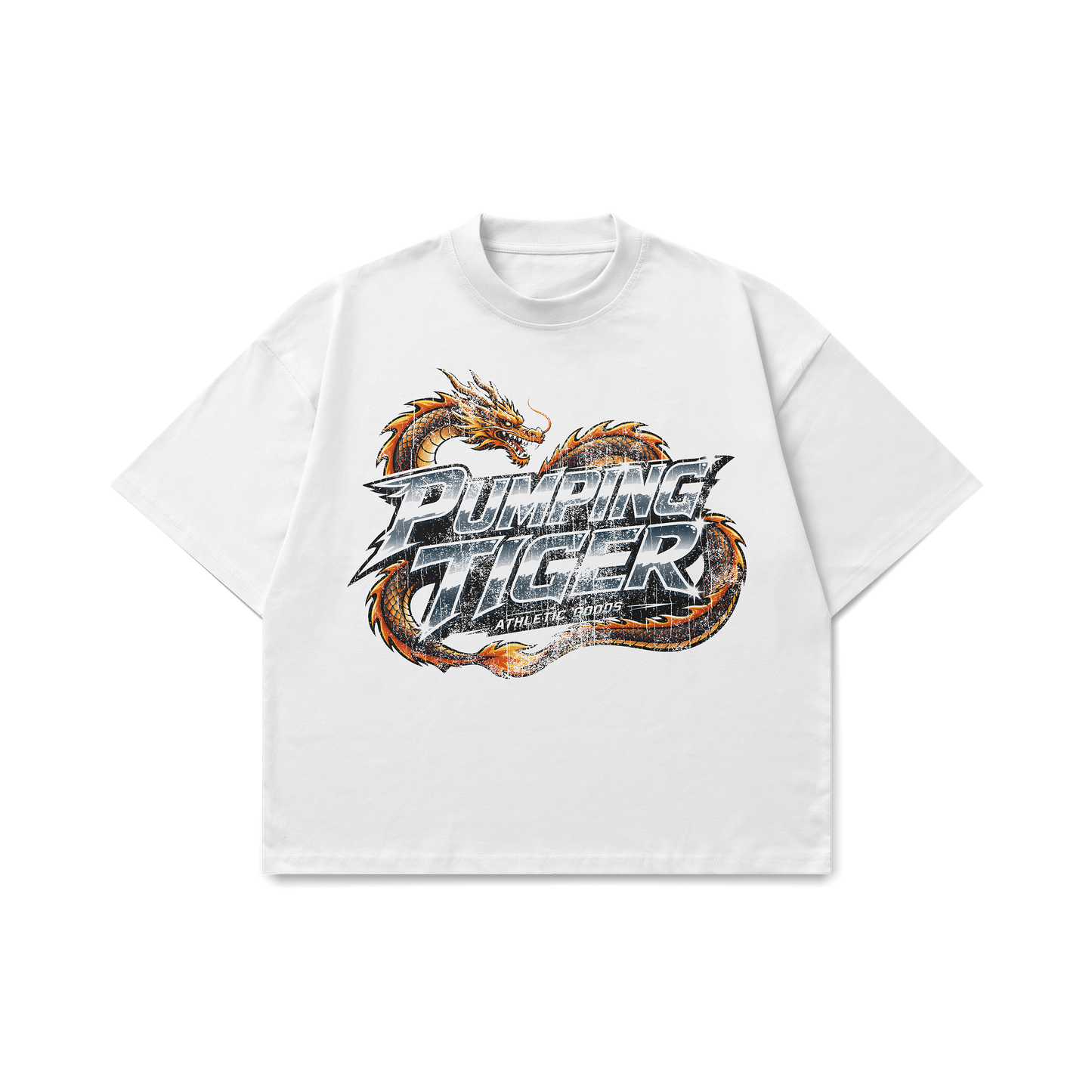 Dragon Graphic White Oversized T-Shirt by PUMPINGTIGER featuring a distressed dragon graphic on premium 240 GSM French Terry cotton.