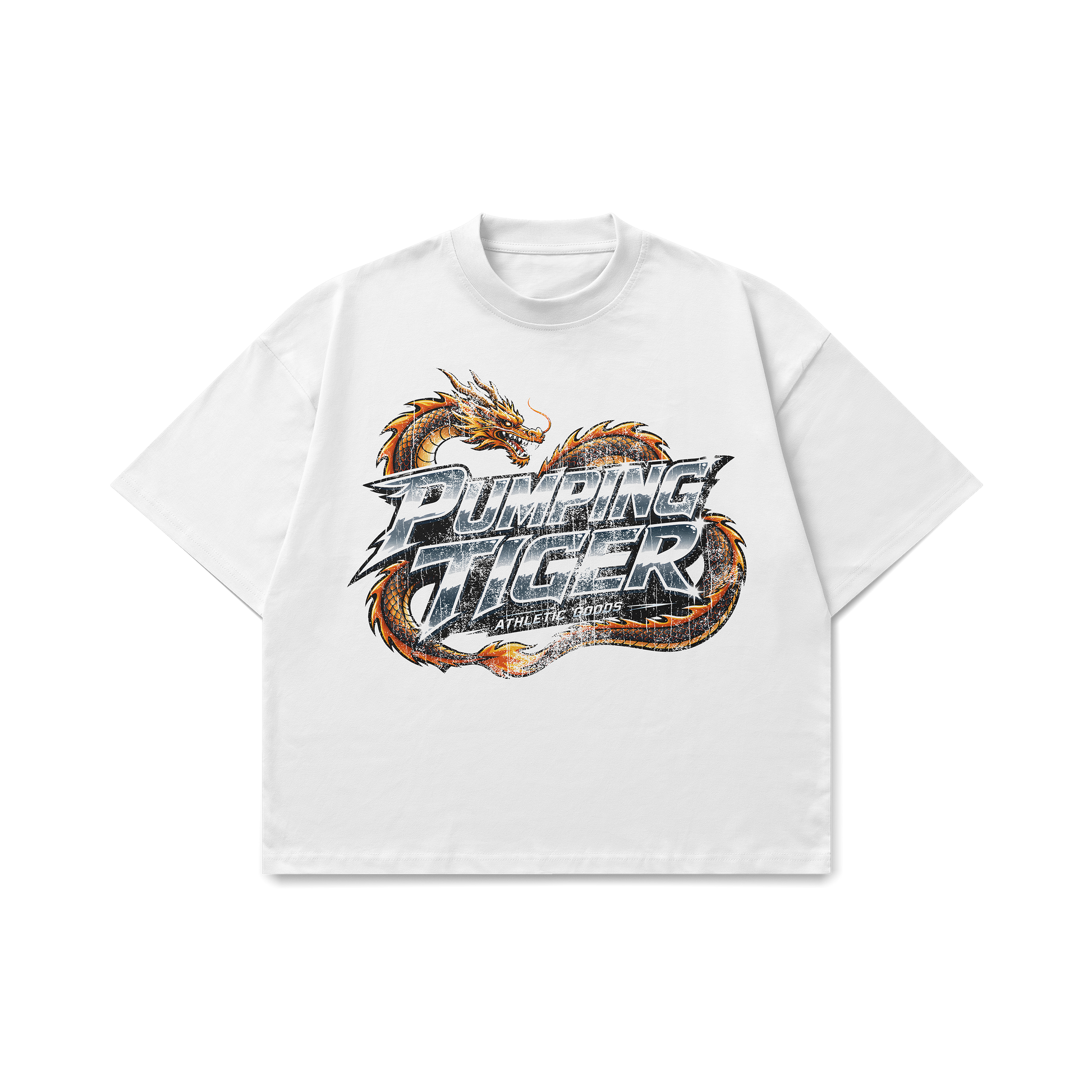Dragon Graphic White Oversized T-Shirt by PUMPINGTIGER featuring a distressed dragon graphic on premium 240 GSM French Terry cotton.
