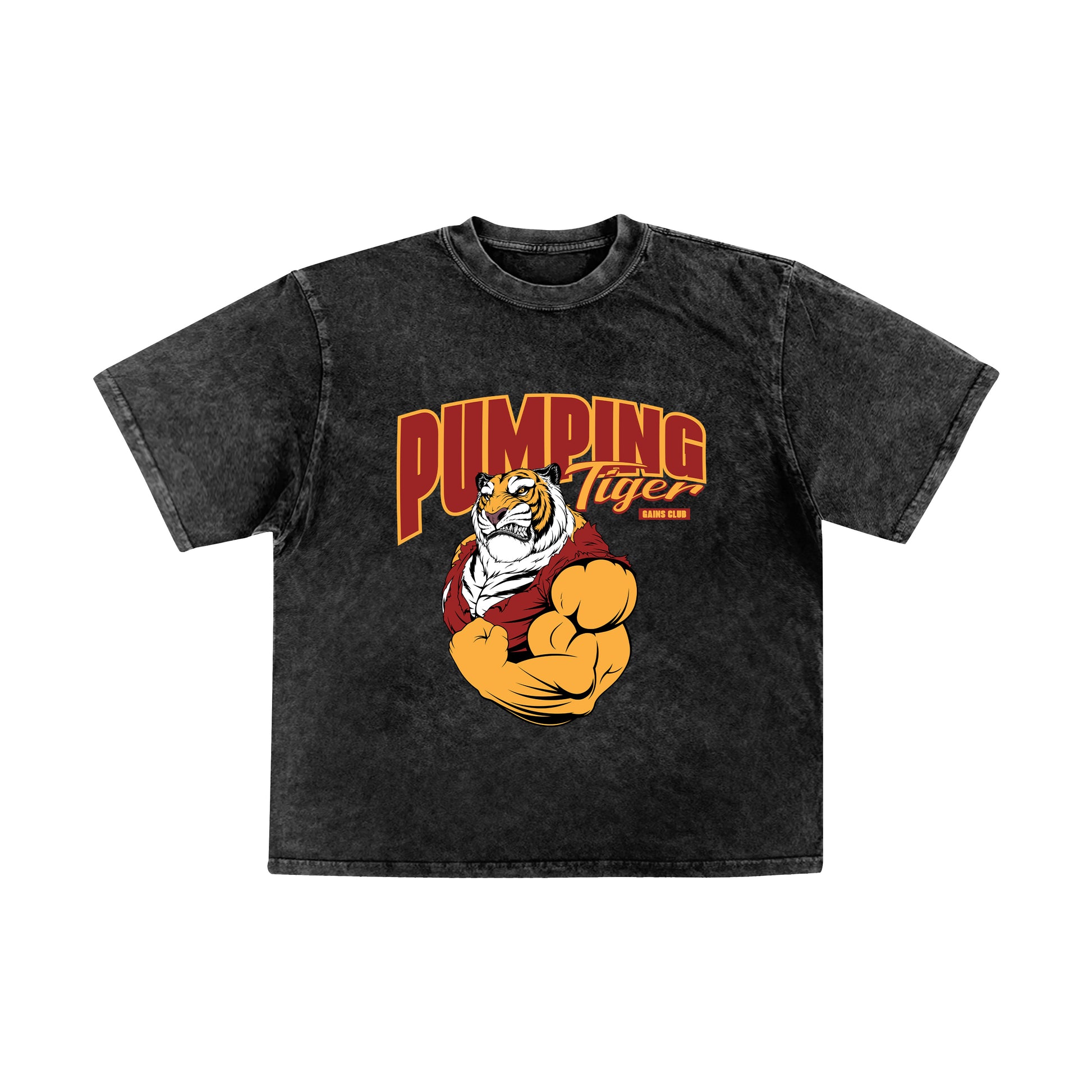 PUMPINGTIGER Gains Club black acid wash oversized T-shirt made from 240 GSM French Terry cotton featuring a muscular tiger graphic on the front.