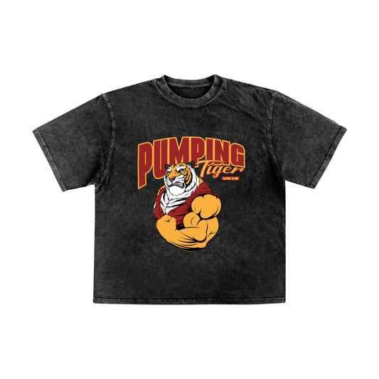 PUMPINGTIGER Gains Club black acid wash oversized T-shirt made from 240 GSM French Terry cotton featuring a muscular tiger graphic on the front.