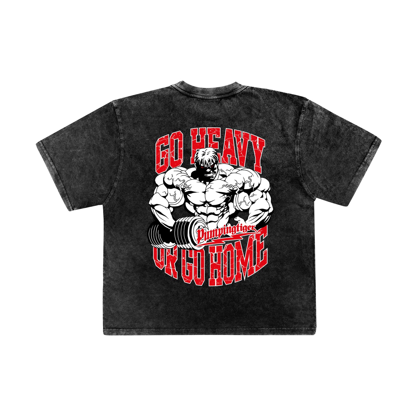 Go Heavy Or Go Home acid wash oversized gym t-shirt back graphic in black 240 GSM French Terry cotton by PumpingTiger