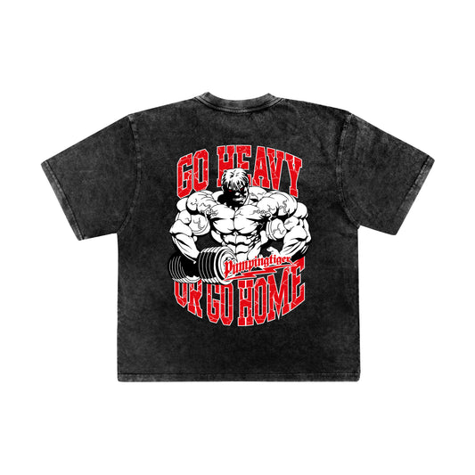Go Heavy Or Go Home acid wash oversized gym t-shirt back graphic in black 240 GSM French Terry cotton by PumpingTiger