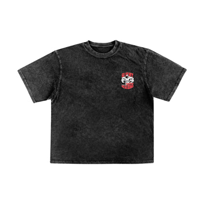 Go Heavy Or Go Home acid wash oversized gym t-shirt front view in black 240 GSM French Terry cotton by PumpingTiger