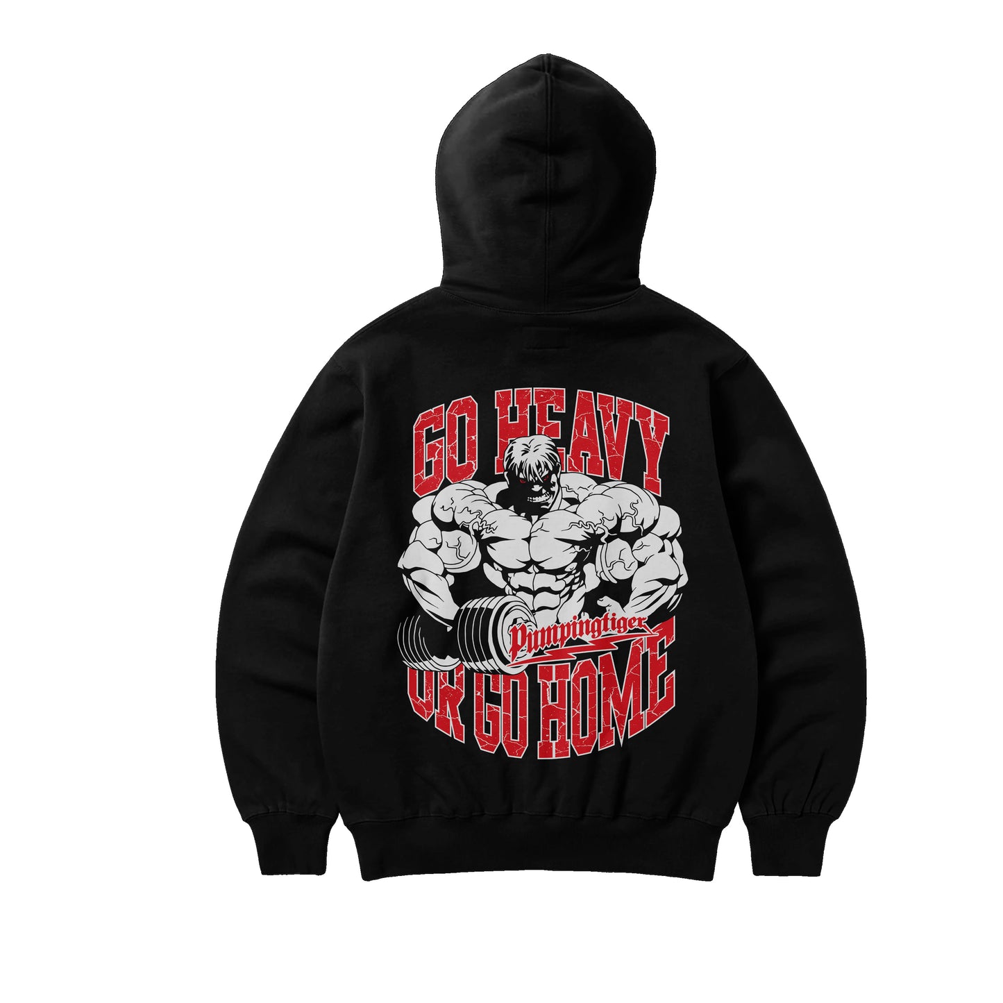 PUMPINGTIGER Go Heavy Or Go Home Black Oversized Gym Hoodie Back with Bodybuilding Graphic