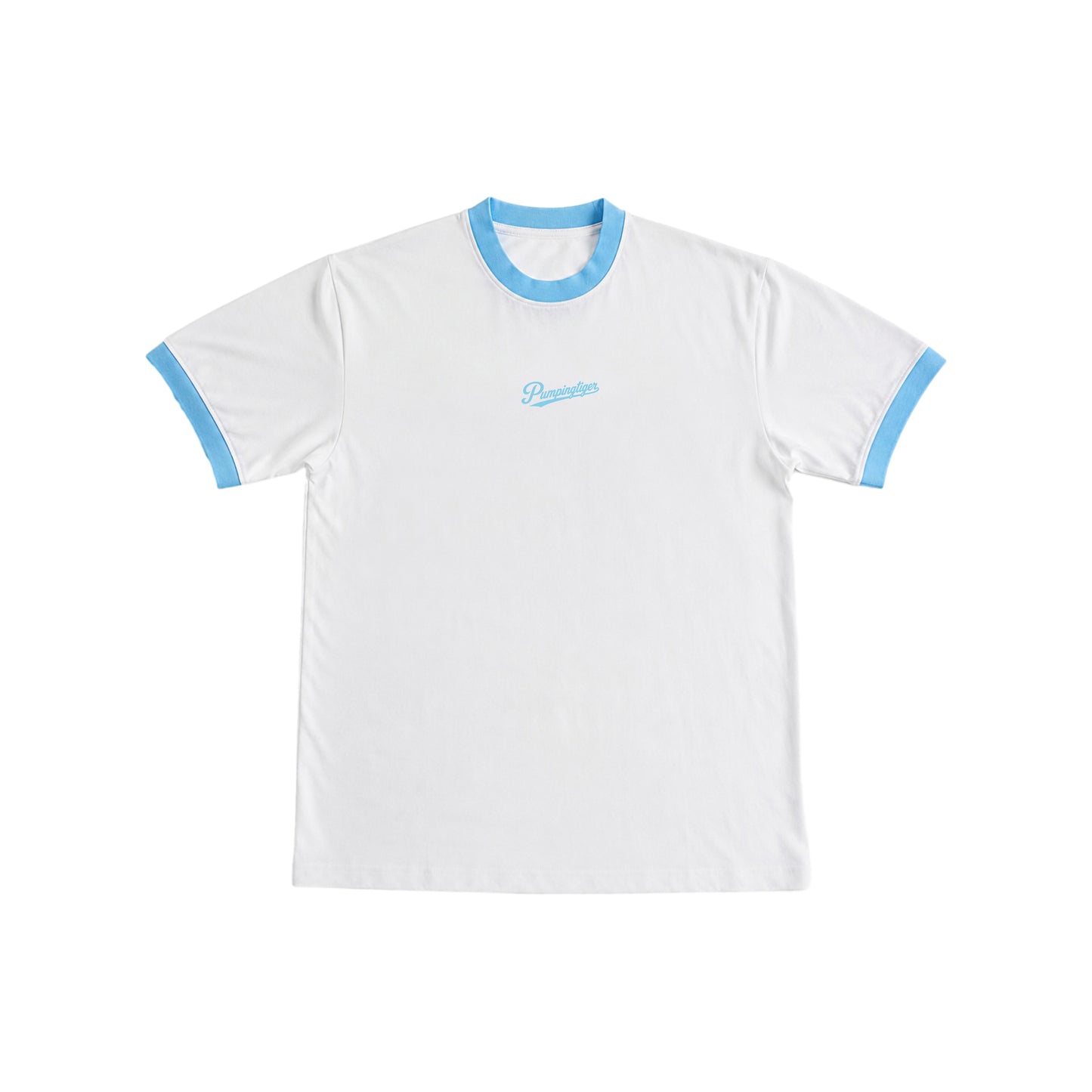 PUMPINGTIGER Minimal Ringer T Shirt in White and Sky Blue, 220 GSM Cotton Lycra