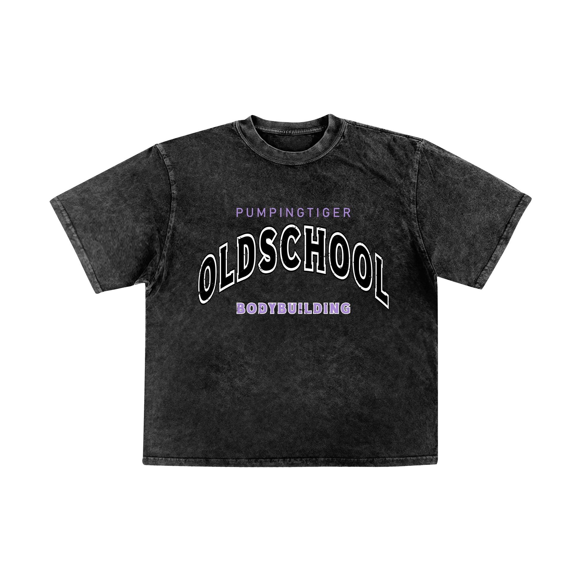 PUMPINGTIGER Oldschool Bodybuilding black acid wash oversized T-shirt made from 240 GSM French Terry cotton featuring a vintage collegiate graphic on the front.
