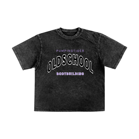 PUMPINGTIGER Oldschool Bodybuilding black acid wash oversized T-shirt made from 240 GSM French Terry cotton featuring a vintage collegiate graphic on the front.