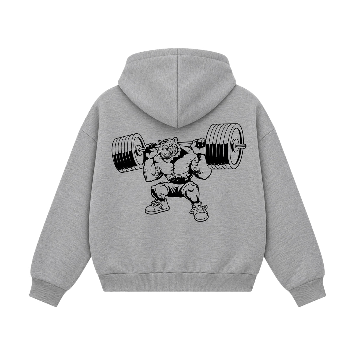 Back view of Ass To Grass grey boxy zipped hoodie with weightlifting graphic by PUMPINGTIGER